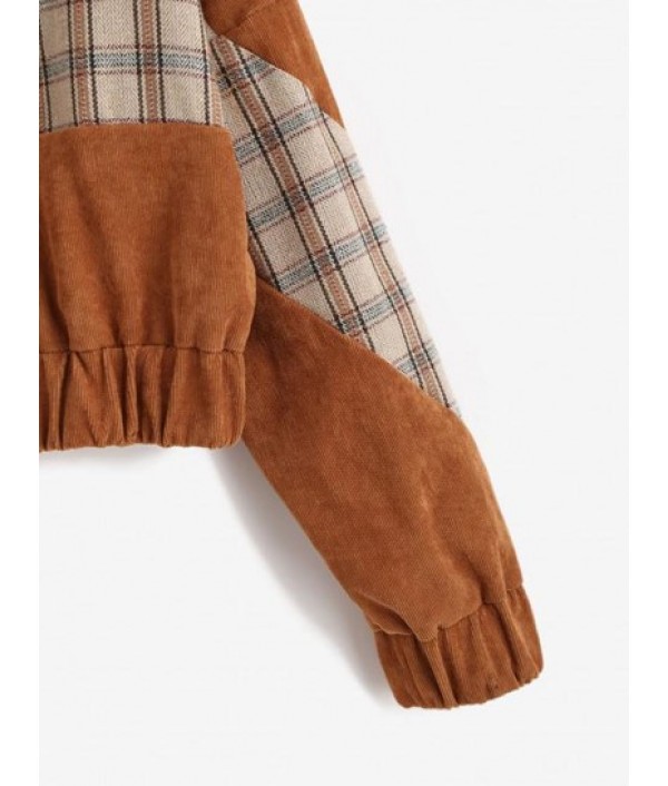 Plaid Panel Zip Up Corduroy Jacket