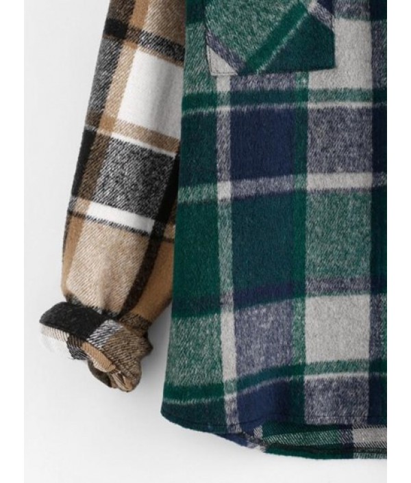 Color Blocking Plaid Checked Flannel Chest Pocket Shacket