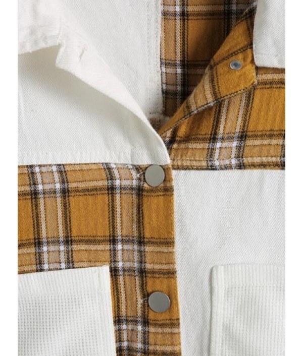 Ripped Plaid Panel Front Pockets Jacket