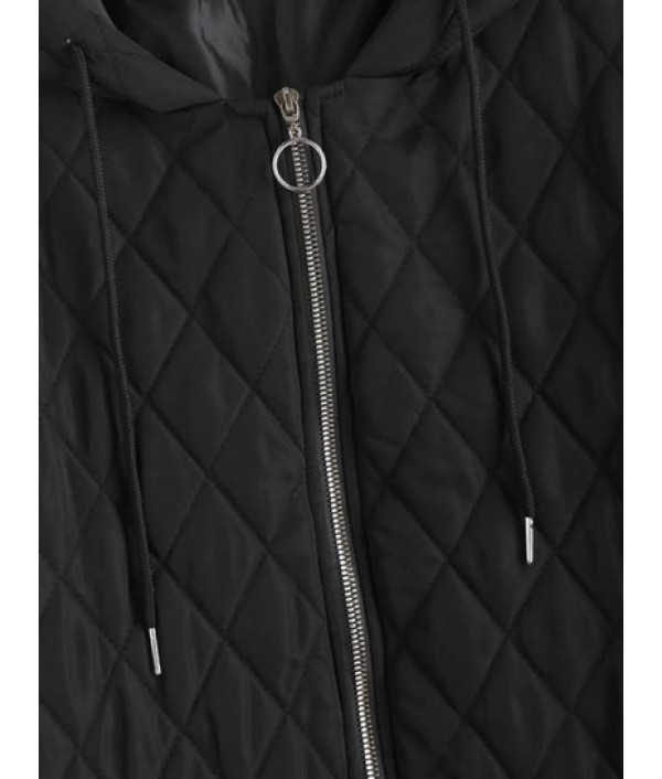 Long Hooded Zippered Pockets Quilted Coat