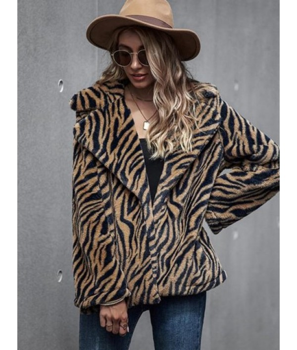 Zebra Fluffy Faux Fur Open Front Coat