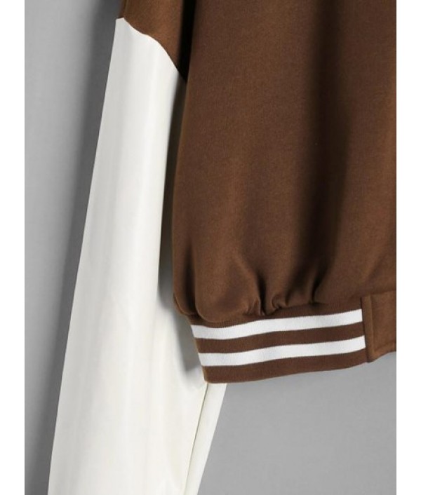 Cropped Fleece-lined Faux Leather Sleeve Baseball Jacket