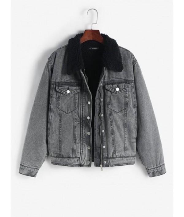 Faux Shearling Lined Pocket Zip Denim Jacket