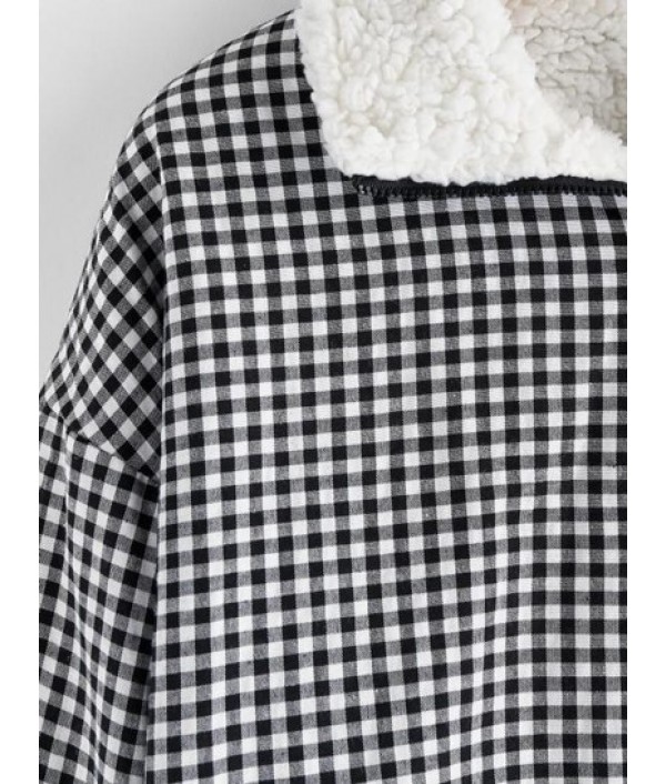 Gingham Drop Shoulder Faux Fur Lining Coat