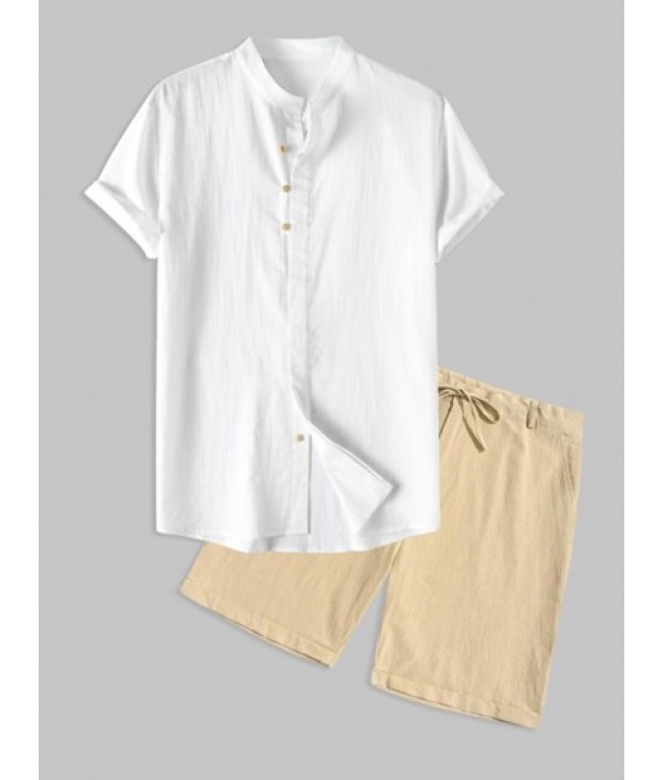 Men's Stand Collar Solid Color Buttons S...