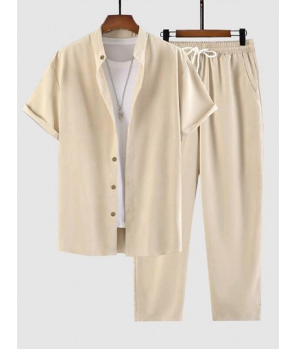 Men's Plain Color Stand Collar Button Fr...