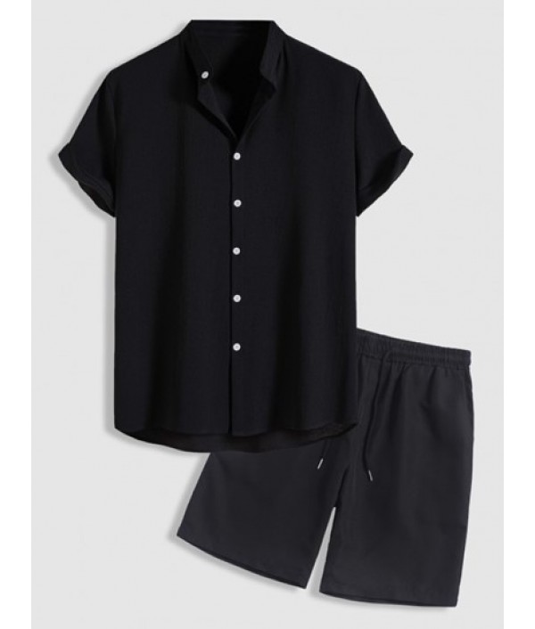 Solid Color Stand Collar Short Sleeves S...