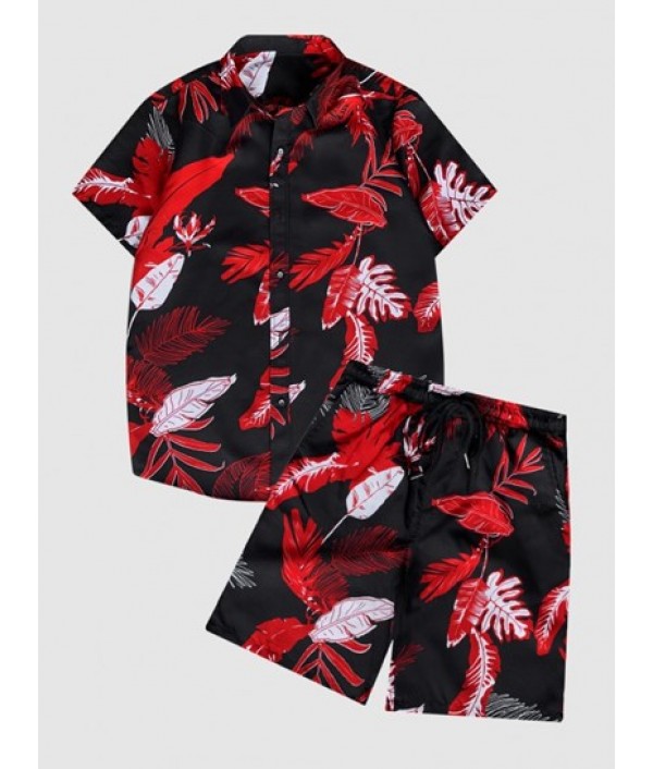 Men's Tropical Leaves Printed Button Fro...
