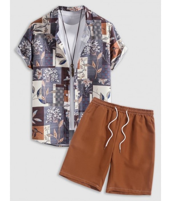 Men's Leaves Floral Plaid Printed Button...