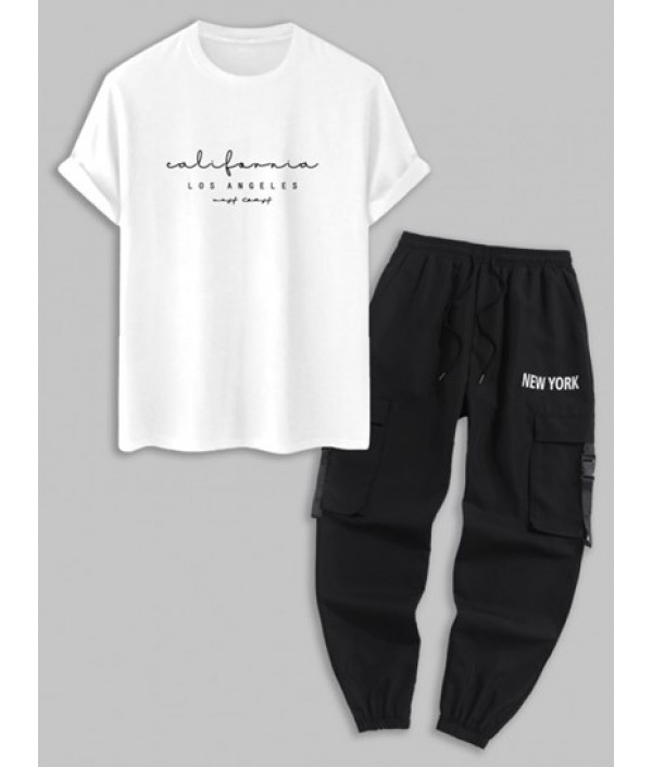 Men's Letter California LOS ANGELES Graphic Short Sleeve T-shirt And Streetwear NEW YORK Letter Printed Multi-pockets Design Beam Feet Drawstring Cargo Pants Set