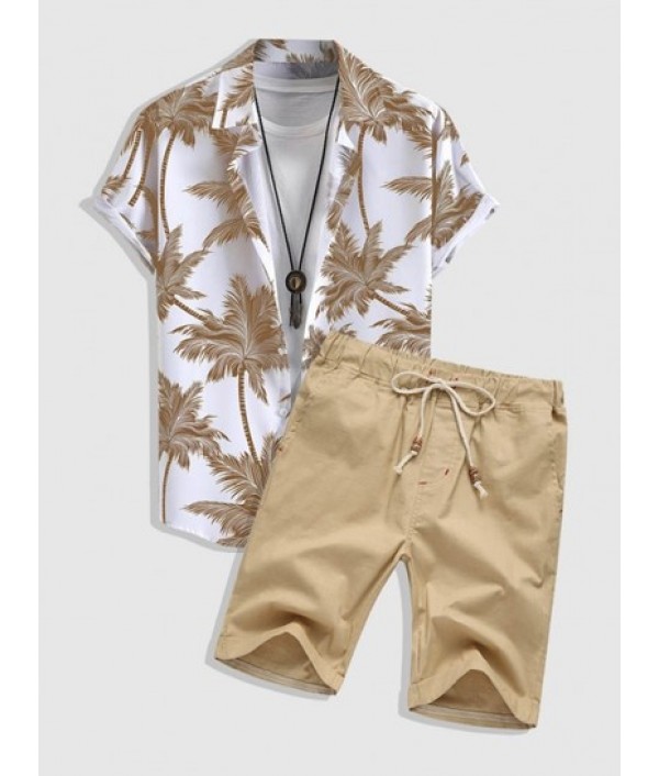 Coconut Tree Print Hawaiian Shirt With C...