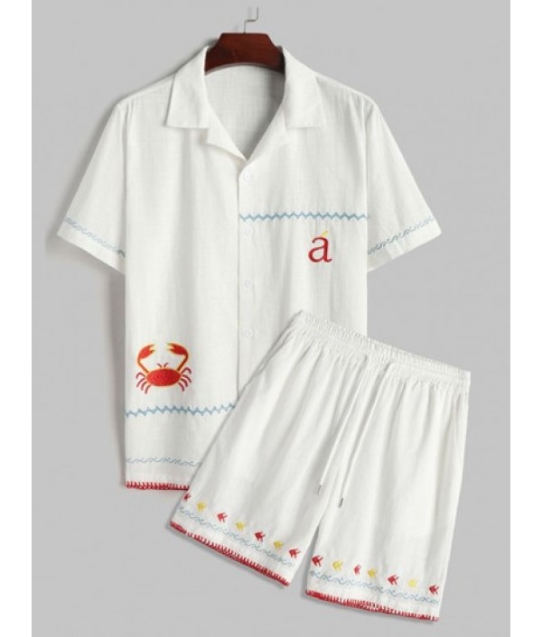 Fish Crab Marine Life Embroidery Short S...