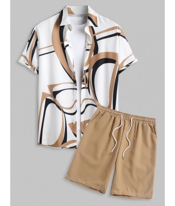 Men's Casual Abstract Geo Print Button U...