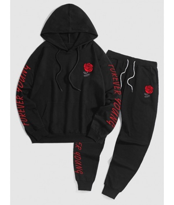 Letter And Rose Printed Pullover Hoodie ...