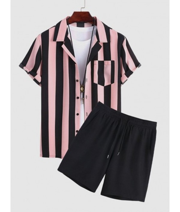 Men's Lapel Collar Short Sleeves Vertica...