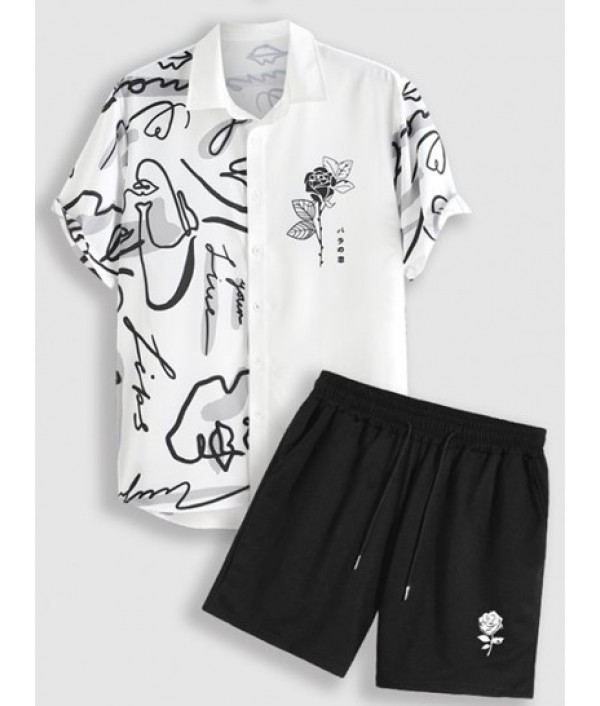 Graffiti Rose Print Shirt And Drawstring...