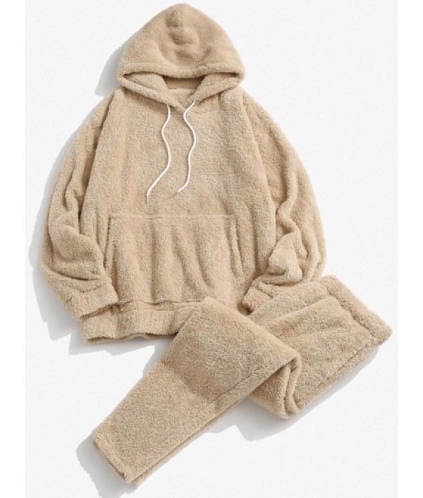 Solid Front Pocket Fluffy Fleece Hoodie ...
