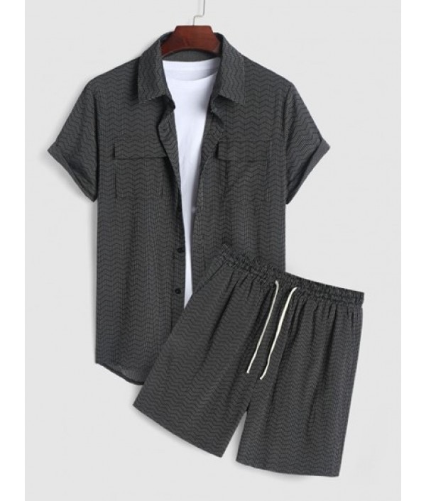 Wave Striped Pattern Flap Pockets Design...