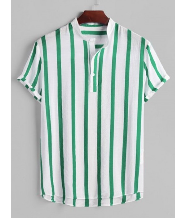 Men's Vertical Striped Button Placket Stand Collar Popover Shirt And Solid Color Basic Casual Drawstring Shorts Set