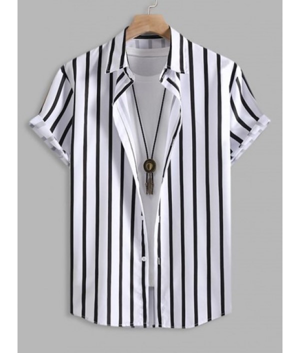 Striped Short Sleeves Shirt And Drawstring Shorts Set