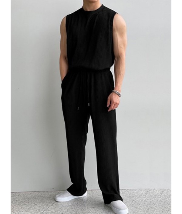 Men's Casual Basic Two Piece Set Solid Color Crew Neck Ribbed Textured Plain Tank Top Sleeveless T Shirt Drawstring Pants Set