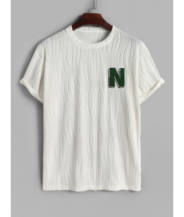 Men's Wave Jacquard Textured Fluffy Letter Applique Short Sleeves T Shirt And Knitted Sports Casual Drawstring Shorts Set