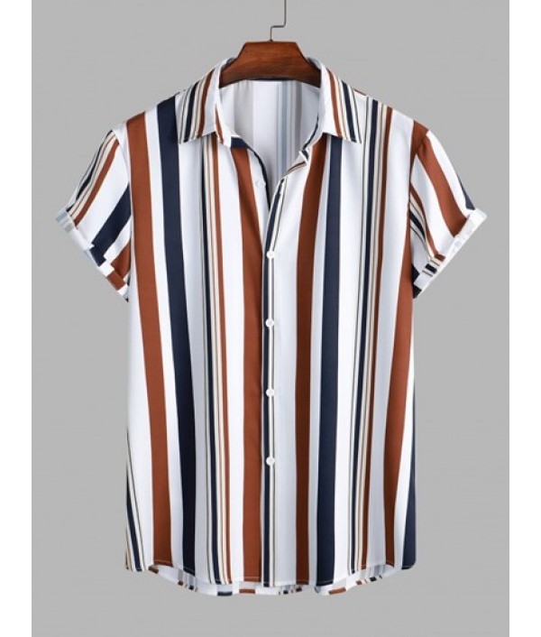 Vertical Mixed Stripes Button Up Shirt And Basic Casual Shorts Set