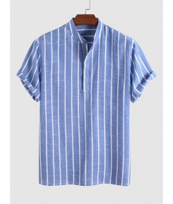 Men's Half Buttoned Casual Vertical Striped Office Pullover Shirt And Basic Casual Shorts Set