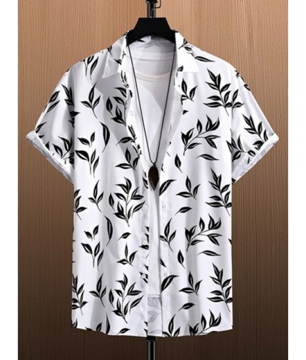 Men's Beach Monochrome Leaf Print Button Up Short Sleeve Shirt And Solid Color Basic Casual Bermuda Shorts Vacation Set