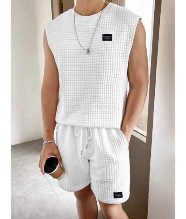 Solid Color Textured Tank Top And Shorts Sports Set