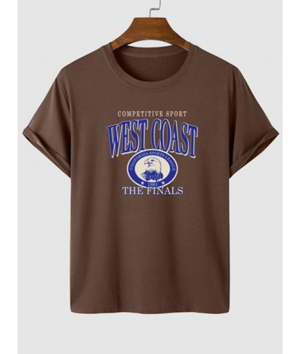 Men's Casual Streetwear Letter WEST COAST Eagle Badge Graphic Printed Short Sleeves T-shirt And Multi-pocket Design Cotton And Linen Textured Cargo Shorts Set