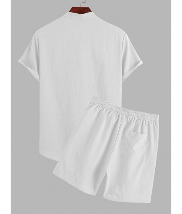 Half Button Roll Up Sleeves Popover Shirt With Drawstring Shorts Two Piece Set
