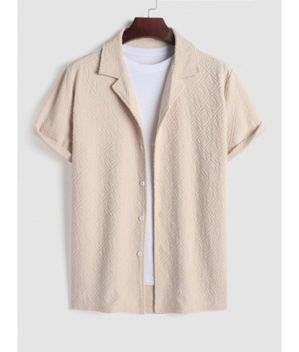 Men's Mix And Match Two Piece Set Rose Jacquard Terry Cloth Textured Button Front Short Sleeves Shirt With Solid Color Corduroy Drawstring Shorts Set