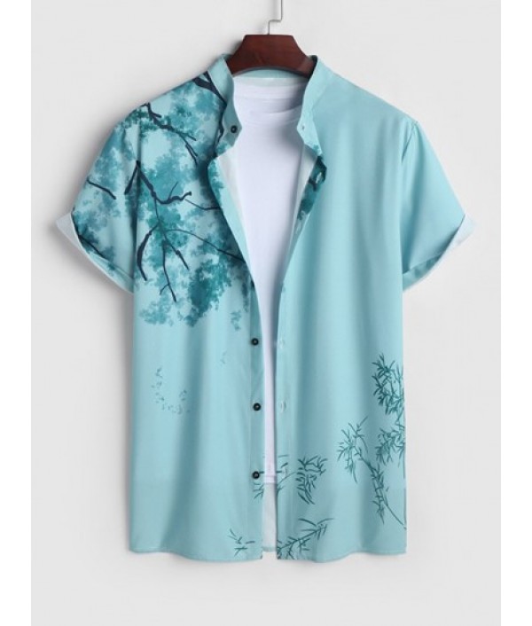 Men's Chinese Ink Wash Painting Plant Pattern Button Front Short Sleeves Shirt And Label Design Solid Color Drawstring Shorts Set