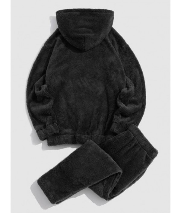 Solid Front Pocket Fluffy Fleece Hoodie And Pants Two Piece Set