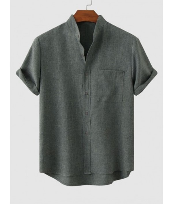 2Pcs Solid Color Stand Collar Short Sleeves Shirt Set