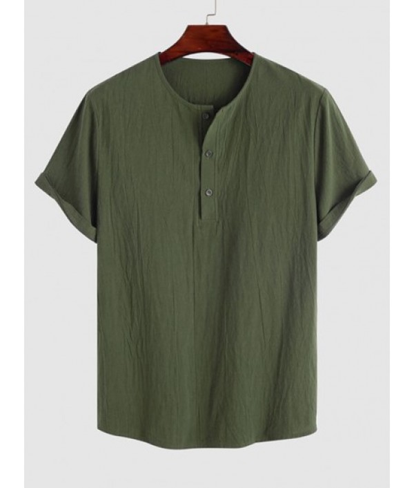 Men's Cotton And Linen Textured Half Button Short Sleeves Pullover Shirt And Multi-pockets Design Drawstring Casual Shorts Set Men's Cotton And Linen Textured Half Button Short Sleeves Pullover Shirt And Multi-pockets Design Drawstring Casual Shorts Set