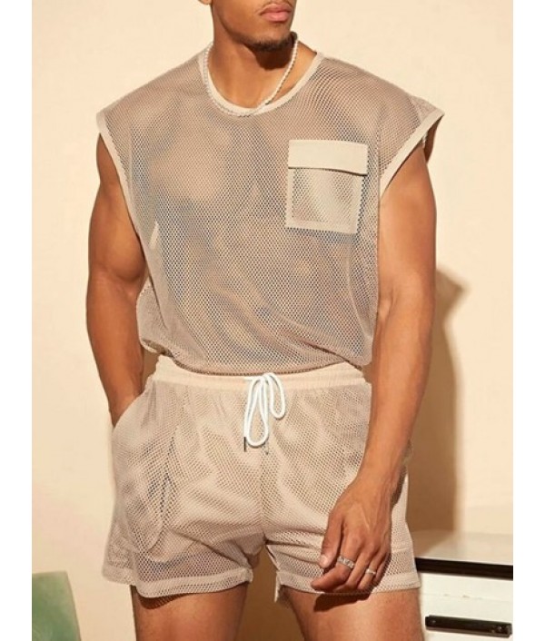 Sexy Sheer Openwork Mesh Two Piece Set Flap Pocket Tank Top With Lined Drawstring Shorts