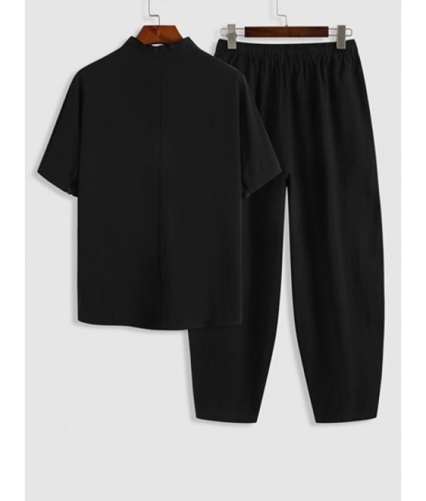 Vintage Style Cotton And Linen Textured Short Sleeves Popover Shirt And Pants Set Vintage Style Cotton And Linen Textured Short Sleeves Popover Shirt And Pants Set