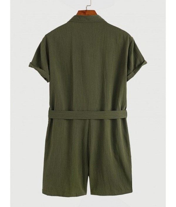 Men's Solid Color Double Front Pockets Design Zip Up Turndown Collar Tie Up Rompers