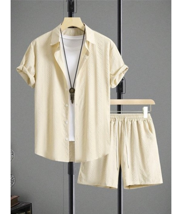 Men's Plain Color 3D Printed Raised Textured Button Front Short Sleeves Shirt And Drawstring Bermuda Shorts Set