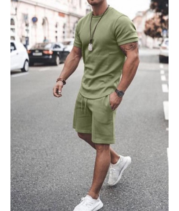 Solid Color Short Sleeves T-shirt And Shorts Basic Set