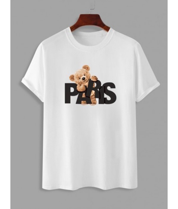 Men's PARIS Cartoon Bear Pattern Short Sleeves Crew Neck T-shirt With Solid Color Basic Shorts Set