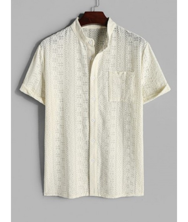 Men's Sexy Lace Co Ord Two Piece Set Stand Collar Sheer Short Sleeves Party Shirt With Openwork Shorts Set Men's Sexy Lace Co Ord Two Piece Set Stand Collar Sheer Short Sleeves Party Shirt With Openwork Shorts Set