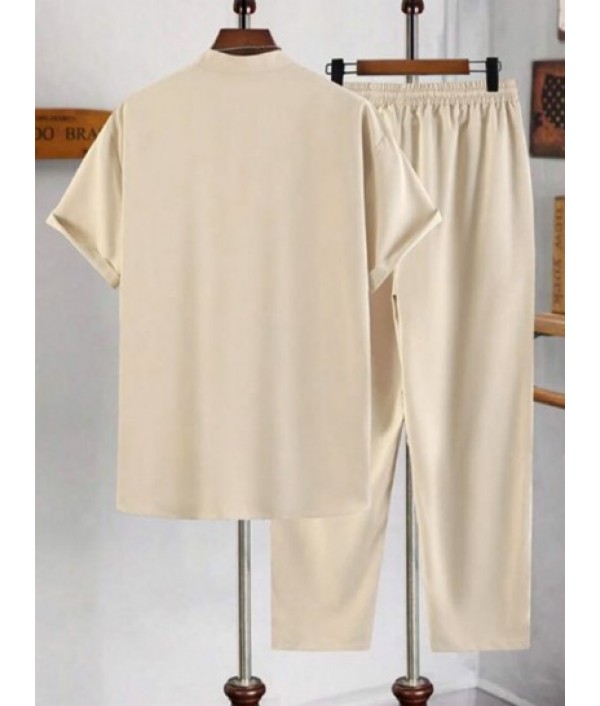 Men's Plain Color Stand Collar Button Front Short Sleeves Shirt And Drawstring Pants Casual Set