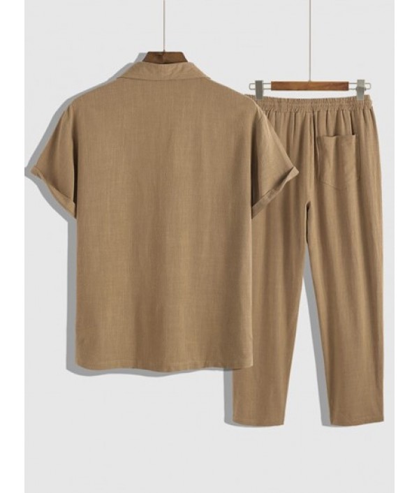 Men's Basic Minimalist Style Plain Color Shawl Collar Short Sleeves Pullover Shirt And Drawstring Pants Set