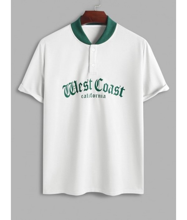 Men's West Coast California Letter Printed Stand Collar College Style Short Sleeves T-shirt And Solid Color Drawstring Basic Casual Bermuda Shorts Set
