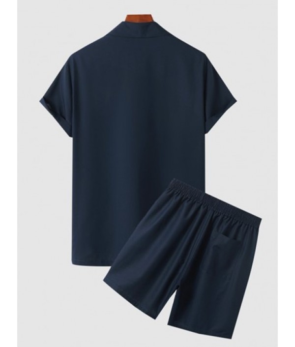 Solid Collar Single Button Shirt And Casual Shorts Set Solid Collar Single Button Shirt And Casual Shorts Set