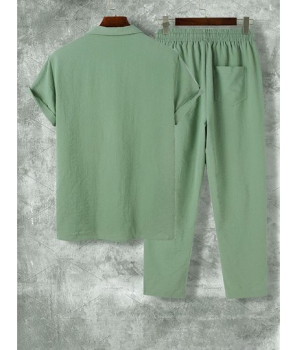 Men's Solid Color Lapel Collar Button Front Short Sleeve Shirt And Casual Pants Set