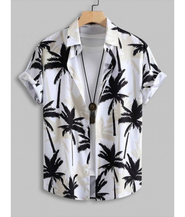 Men's Aloha Hawaiian Coconut Trees Printed Short Sleeves Button Front Vacation Shirt And Solid Color Basic Casual Bermuda Shorts Set Men's Aloha Hawaiian Coconut Trees Printed Short Sleeves Button Front Vacation Shirt And Solid Color Basic Casual Bermuda Shorts Set